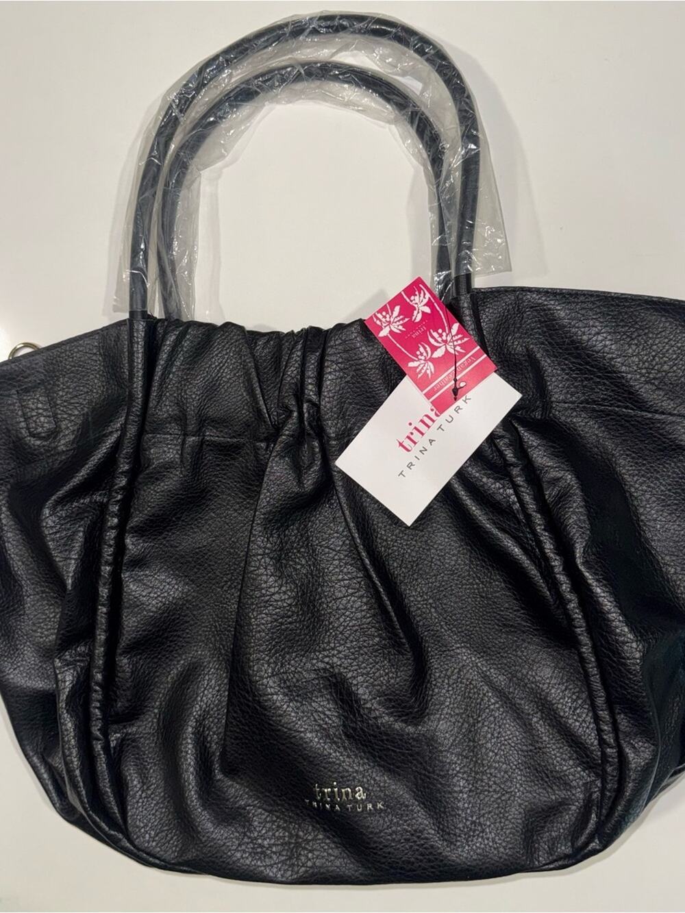Trina Turk Black Gathered Leather Tote with Top Handles